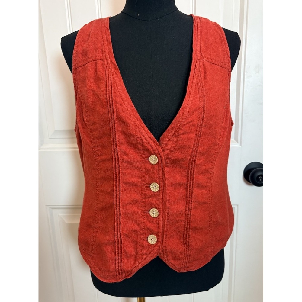 Vtg Coldwater Creek Women's Size 12 Red 100% Linen Lace Back Boho Lagenlook Vest
